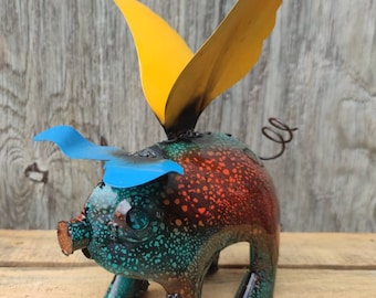 Handmade metal pig with wings - Metal Yard Art