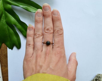 Matte Black Onyx Cabochon set in Electroformed Copper on a Thin Copper Ring Band, Size 8.5