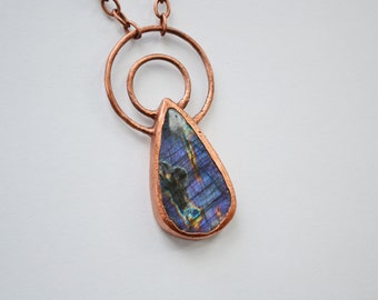 Teardrop Labradorite & Electroformed Copper Open Back Pendant with Double Loop on Long Antique Copper Plated Chain