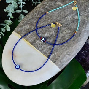 Blue Evil Eye Seed Bead Choker Necklace With Gold Clasp