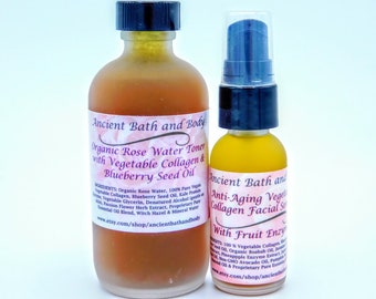 DUAL Combo Rose Water Toner and Vegetable Collagen Facial Serum, Vegan Skincare