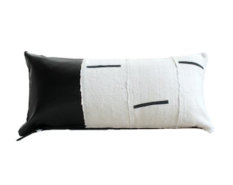 THE LILLY + Black Faux Leather Accent | Authentic African Mudcloth  Pillow Cover