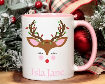 Kerst Mok, Rendier Holiday Mok, Hot Cocoa Mug cadeau, Aangepaste naam Kerstcadeau, Aangepaste Naam Mok, Cadeau voor Kinderen