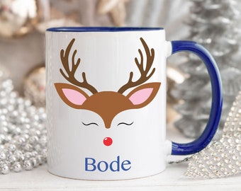 Kerst Mok, Rendier Holiday Mok, Hot Cocoa Mug cadeau, Aangepaste naam Kerstcadeau, Aangepaste Naam Mok, Cadeau voor Kinderen