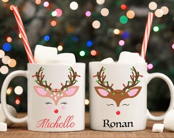 Kerst Mok, Rendier Holiday Mok, Hot Cocoa Mug cadeau, Aangepaste naam Kerstcadeau, Aangepaste Naam Mok, Cadeau voor Kinderen