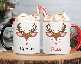 Christmas Mug, Reindeer Holiday Mug, Hot Cocoa Mug gift, Custom Name Christmas Gift, Custom Name Mug, Gift for Kids