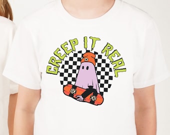 Maglietta fantasma di Halloween per bambini, camicia di Halloween divertente, maglietta di Halloween Skater per bambini, camicia da skateboarder, regalo per skateboarder, regalo di Halloween