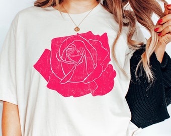 Graphic Rose Shirt, Valentines Day Floral Tshirt, Red Rose Tee, Womens Flower Shirt, Bridal Gift, Fall Shirt, Vintage Style Rose Shirt, Gift