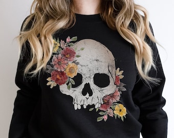 Fall Floral Skull Sweatshirt, Flower Skull Sweatshirt, Halloween Skull, Costume Shirt, Trick or Treat Sweatshirt, Skeleton Halloween Shirt