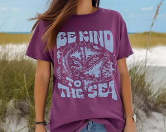 Summer Comfort Colors Boho Tshirt, Be Kind to the Sea Nature Environment, Marine Bio Fan Lover Hippie Earth Shirt, Kids Beach Fan Gift Teen