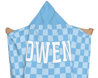 Kids Personalized Hooded Beach Towel Blue Retro Checks, Custom Name Pool Party Cape Towel, Gift for Boy Toddler Personalized Checker Towel