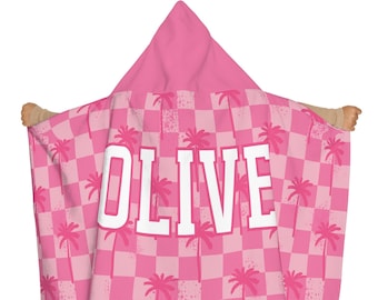 Kids Personalized Hooded Beach Towel Pink Retro Checks, Custom Name Pool Party Cape Towel, Gift for Girl Toddler Personalized Checker Towel