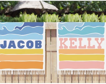 Personalized Beach Towel Sunset Color Block Summer Vacations, Pool Gifts Custom Name Towel, Family Beach Trip Essential
