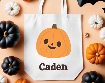 Kids Kawaii Pumpkin Halloween Trick or Treat Bag Cotton Canvas Halloween Treat Tote Bag, Jackolantern Pumpkin Cute Halloween Gift Bag