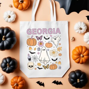 Personalized Girls Halloween Trick or Treat Bag Cotton Canvas Halloween Treat Tote Bag, Girls Ghost Halloween Gift Bag