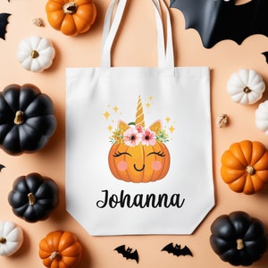 Custom Name Girls Halloween Treat Bag, Unicorn Pumpkin Jack-o-lantern Trick or Treat Bag Cotton Canvas Halloween Personalized Tote Bag