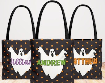Halloween Trick or Treat Tote Bag, Personalized Halloween Bag, Halloween Gift Bag, Custom Kids Halloween Bag, Modern Dots Ghost Tote Bag