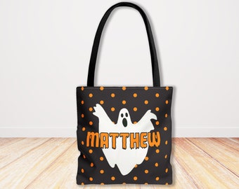 Halloween Trick or Treat Tote Bag, Personalized Halloween Bag, Halloween Gift Bag, Custom Kids Halloween Bag, Modern Dots Ghost Tote Bag