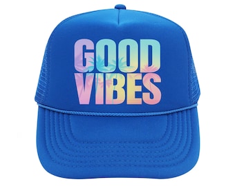 Cappello da camionista "Good Vibes Summer Trip Group", regalo per la mamma, cappello estivo, cappello da spiaggia e piscina alla moda per adolescenti, cappello da viaggio con palme tropicali e tramonto.