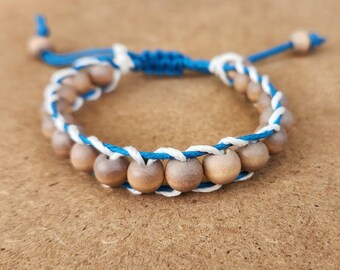 Wood Beaded Blue Hemp Bracelet