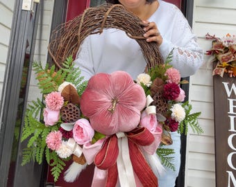 Handmade Blush Velvet Pumpkin Wreath | Burgundy Fall Front Door Decor (18" Grapevine)