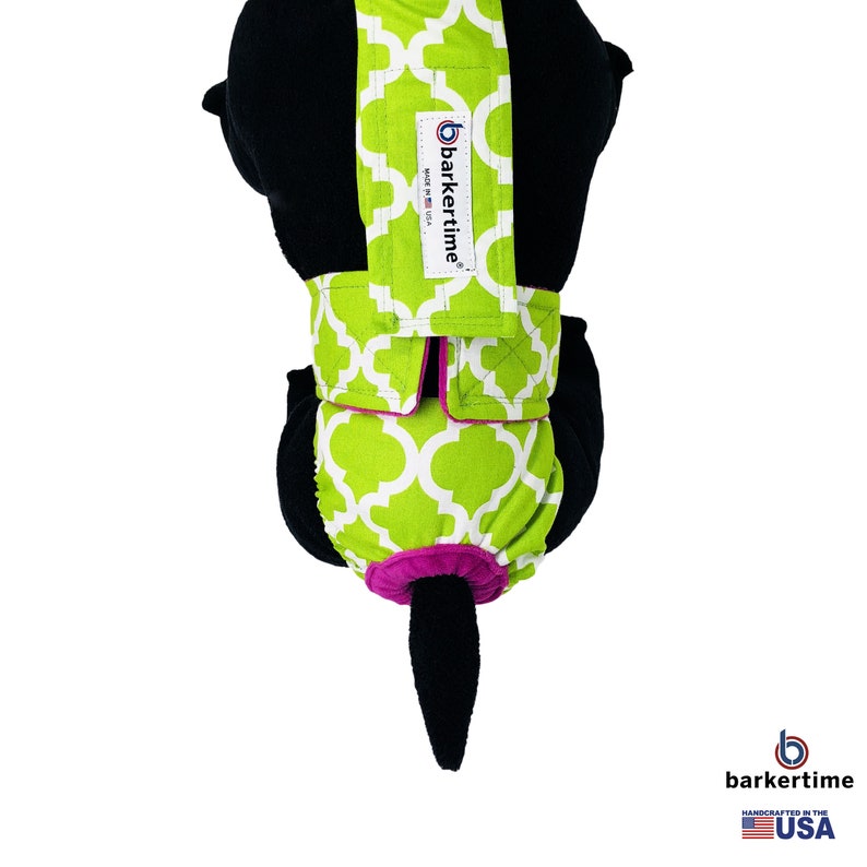 Washable Dog Diaper White Quatrefoil on Green Escape-Proof Washable Dog Diaper Overall
