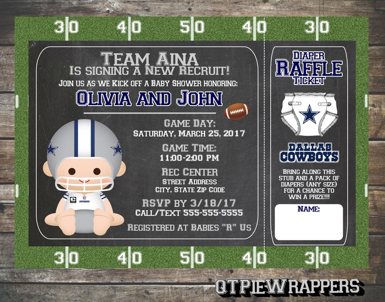 Printable Dallas Cowboys Football Baby Shower Invitations Boy Personalized Attached Raffle Ticket