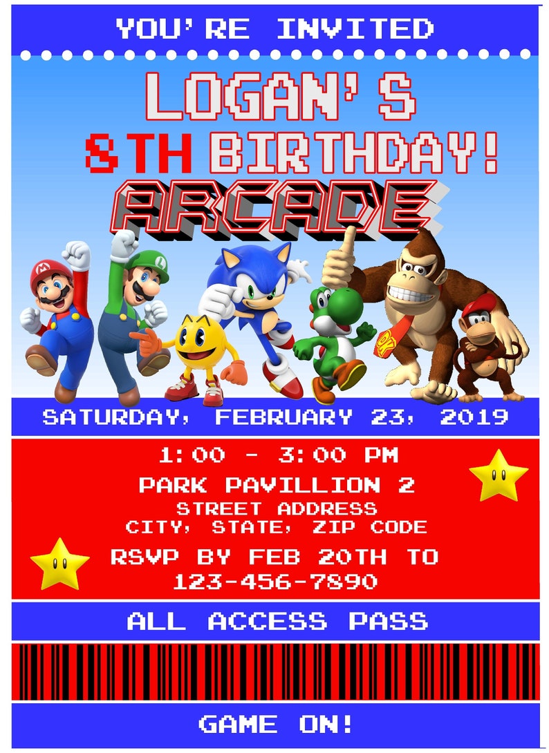 arcade birthday party invitation ticket invitation mario