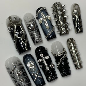 Goth punk princess Press on Nails with chains and crosses /y2k nails/ freestyle nails / custom press on nails/punk nails /goth girl nails image 1
