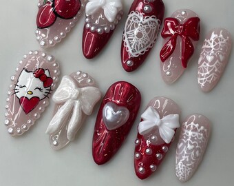 Red Coquette Kitty Press on Nails with Bows