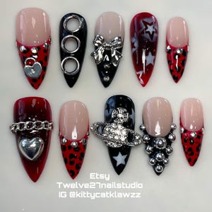 LA Punk Princess Press On Nails / Leopard / Grunge Nägel / y2k Nägel / Airbrush Nägel / Alt Nägel / Schwarz und Silber Nägel / Kantige Nägel / Punk Nägel