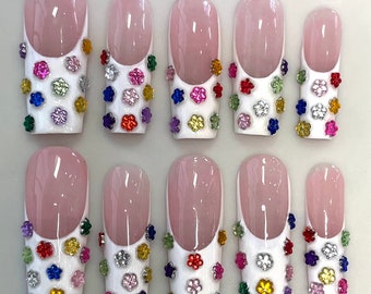 Pink & White French Tip With Flower Bling Press On Nails