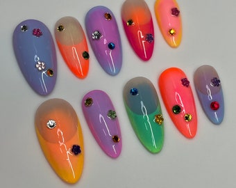Colorful spring soft gel press on nails/ almond press on nails/ y2k nails/ spring nails/ summer nails