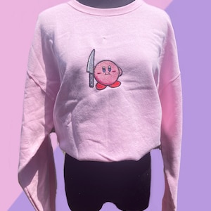 Kirby with a Knife Embroidered Sweater // homemade kirby sweater // kawaii cute sweater