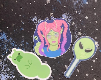 4 Aliens 3” Sticker Pack // Alien Cat // Alien Girl // Alien Lolipop // Alien Manatee