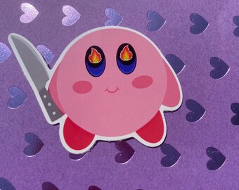 Kirby with knife 2" Glossy Waterproof Sticker //sparkly pink sticker // kirbie in space // Funny Kirbb Sticker // Kirby Meme Sticker //