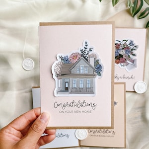Carte de pendaison de crémaillère, Carte de voeux, Félicitations, Floral, Autocollant en vinyle, Cadeau pour un ami, Juste parce que, Cachet de cire, Autoadhésif