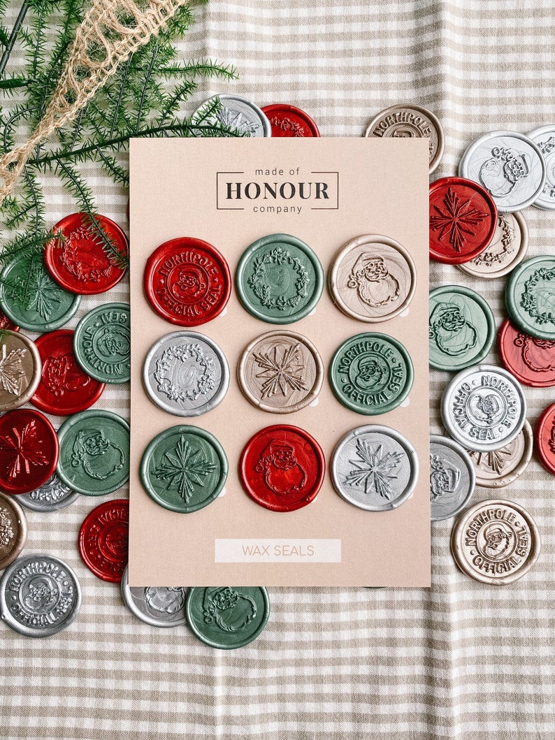 Holiday wax seal set, Premade wax seals, Wax seal stickers, Christmas cards, Celebration, Self-adhesive, DIY Wax Seal, Seal stamp, Metallic image 3