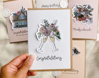 Congratulations card, Greeting card, Celebration, Floral, Vinyl sticker, Gift for friend, Just because, Wax seal, Self-adhesive