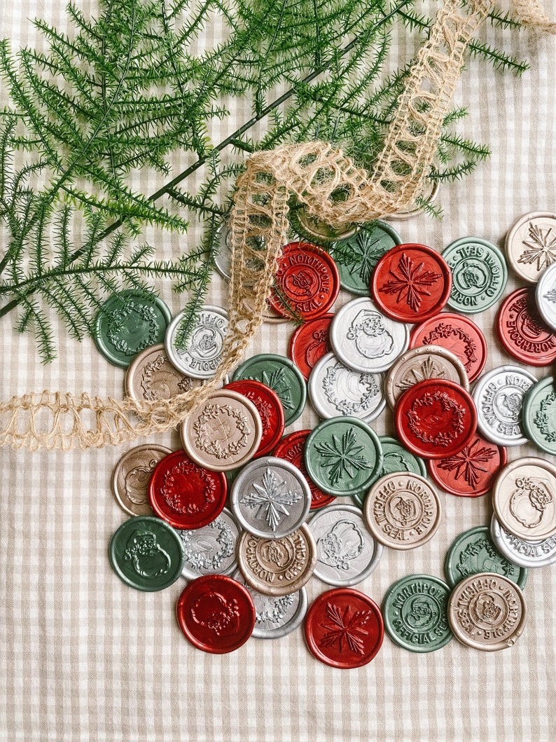 Holiday wax seal set, Premade wax seals, Wax seal stickers, Christmas cards, Celebration, Self-adhesive, DIY Wax Seal, Seal stamp, Metallic image 1