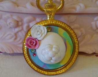 Bunny bum bezel - Alice in Wonderland pocket watch - OOAK Polymer Clay Jewelry