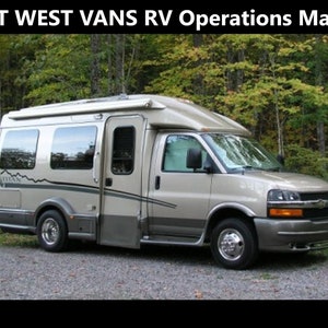 May include: A beige Great West Vans RV with a large windscreen and a side door. The RV is parked in a wooded area with green trees.