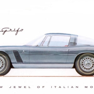 May include: A side profile view of a silver grey Iso Grifo Coupe G.L. sports car. The car has a white roof and a black interior. The car is on a white background with the text "THE NEW JEWEL OF ITALIAN MOTORING" below the car.