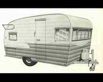May include: A vintage, gray and white, teardrop-shaped travel trailer with a single door and multiple windows. The trailer has a wood-paneled exterior and a rounded roof.