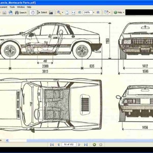 May include: A black and white line drawing of a Lancia Montecarlo car with measurements in inches. The drawing shows the car from the side, front, and top views.