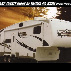 May include: A white fifth wheel RV trailer with black and gray accents. The trailer has a large window on the side and a smaller window on the front. The trailer has a "Summit Ridge Reserve" logo on the side. The trailer is parked in a wooded area.