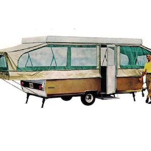 May include: A tan and green pop-up camper with a man standing next to it and waving. The camper has a large awning and a door on the side.