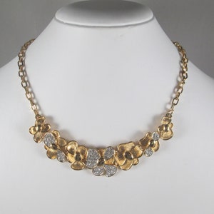 MONET Deadstock Gold Necklace.  Floral Panel with Pave Rhinestones,  Romantique Collection.  Made in U.S.A.  Delicate Feminine Bold, Estate