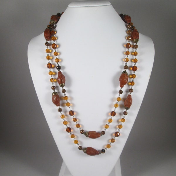 RARE 1920s Flapper Necklace.  Chinese Hediao Carved Immortals / Monks Beads, Murano & Faceted Honey Glass.  56" Long.  So Unusual!