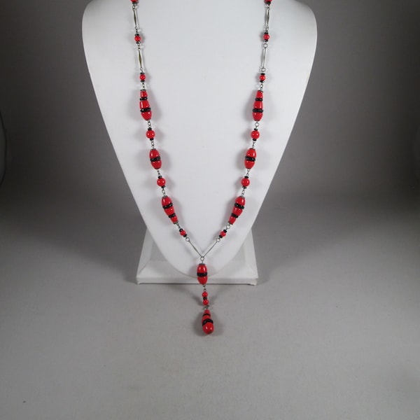 1920s -- 1930s CZECH Necklace.  Art Deco Red & Black Beads with Y Drop.  Gorgeous, Delicate, Dainty and Bold.  So Unusual.  Estate Jewelry